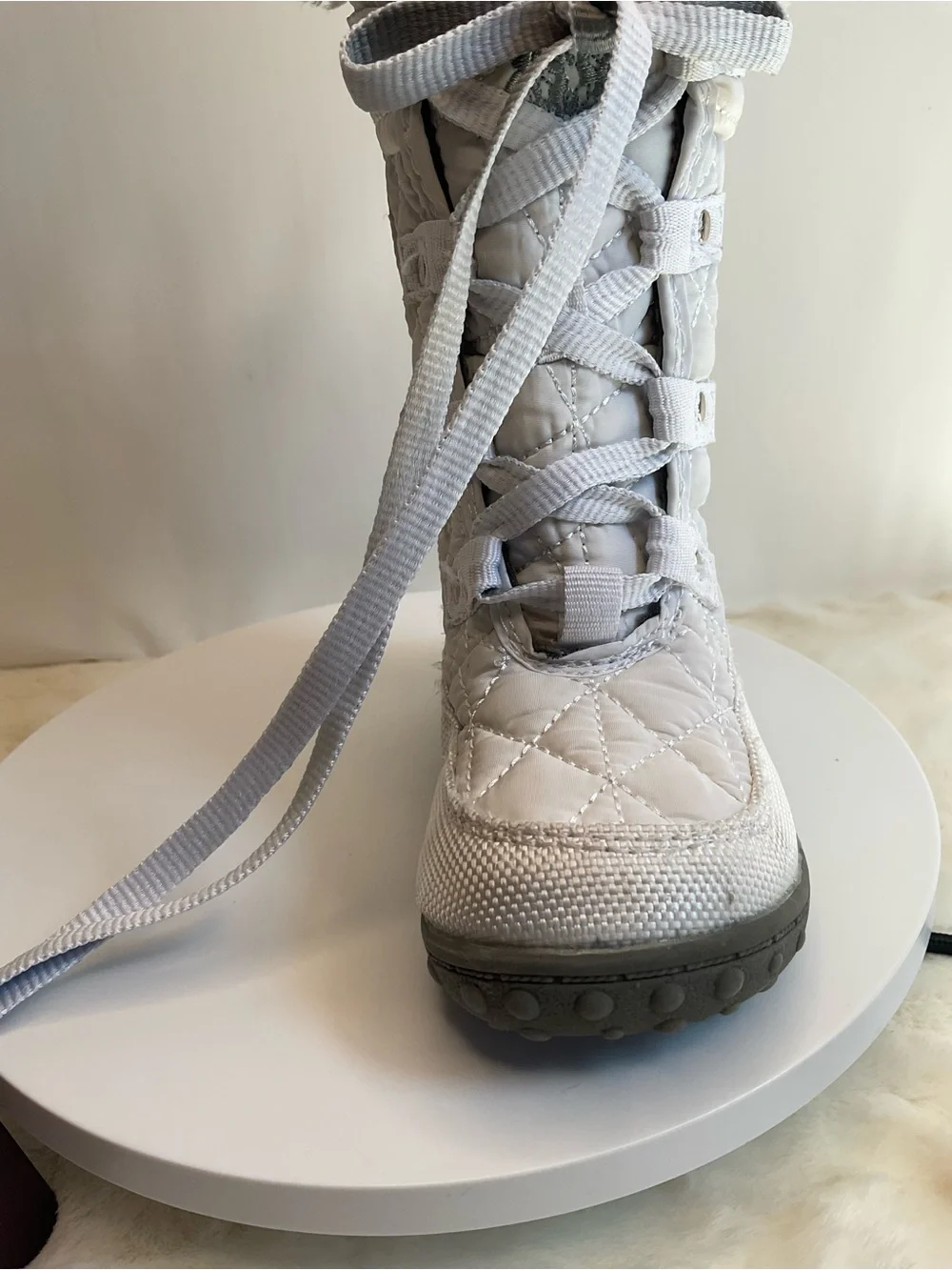 Polo Ralph Lauren Girls White Quilted Snow Boots Faux Fur Trim Lace-Up Side Zipp